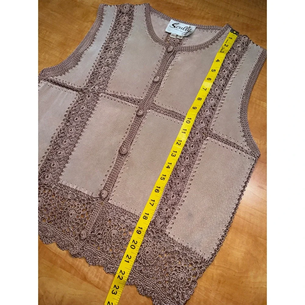Scully Leather Crochet Knit Vest Mauve Tan Western Boho Suede Button Front Small